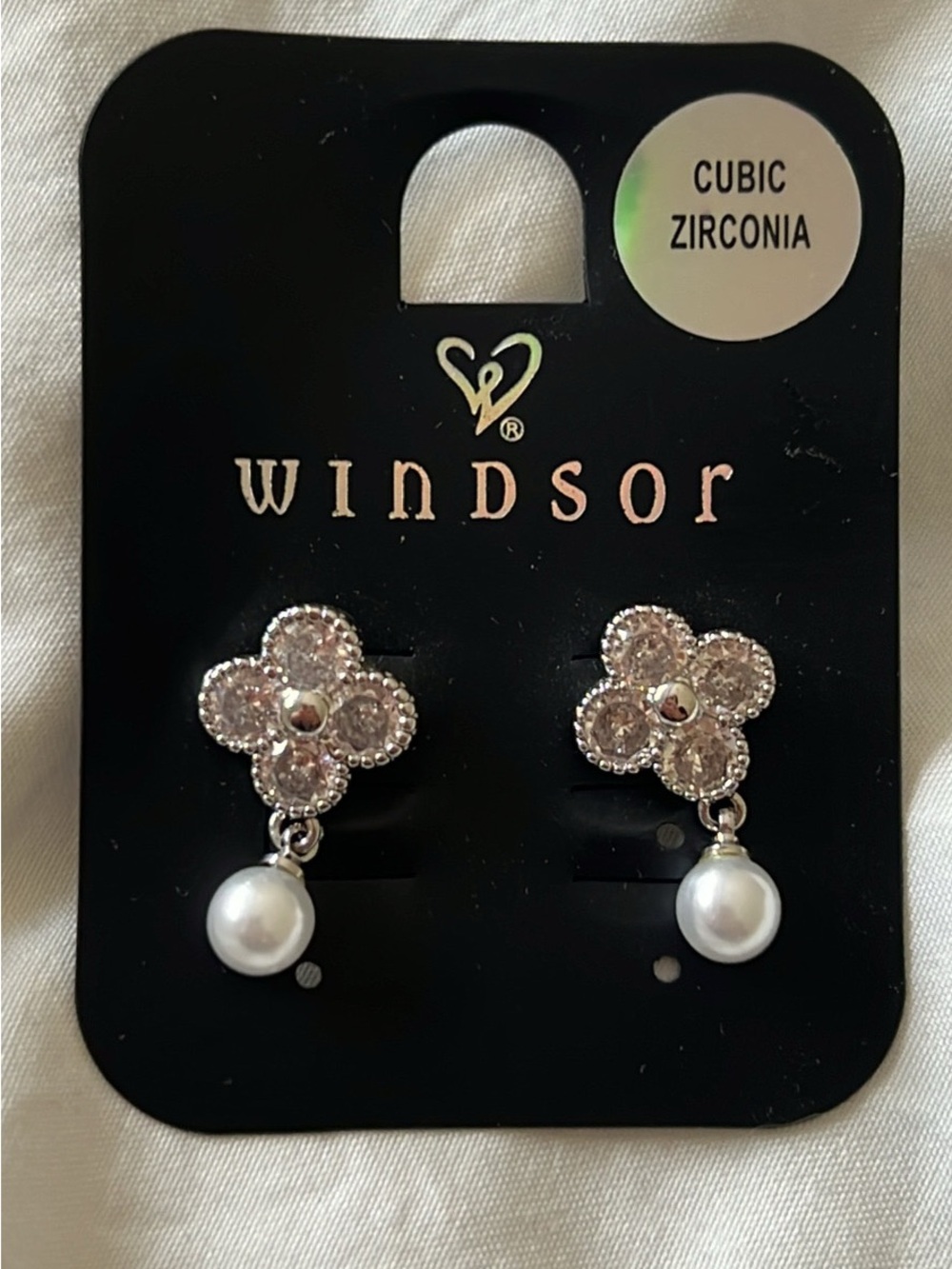 Windsor Silver-Tone Cubic Zirconia Flower Drop Earrings with White Pearls